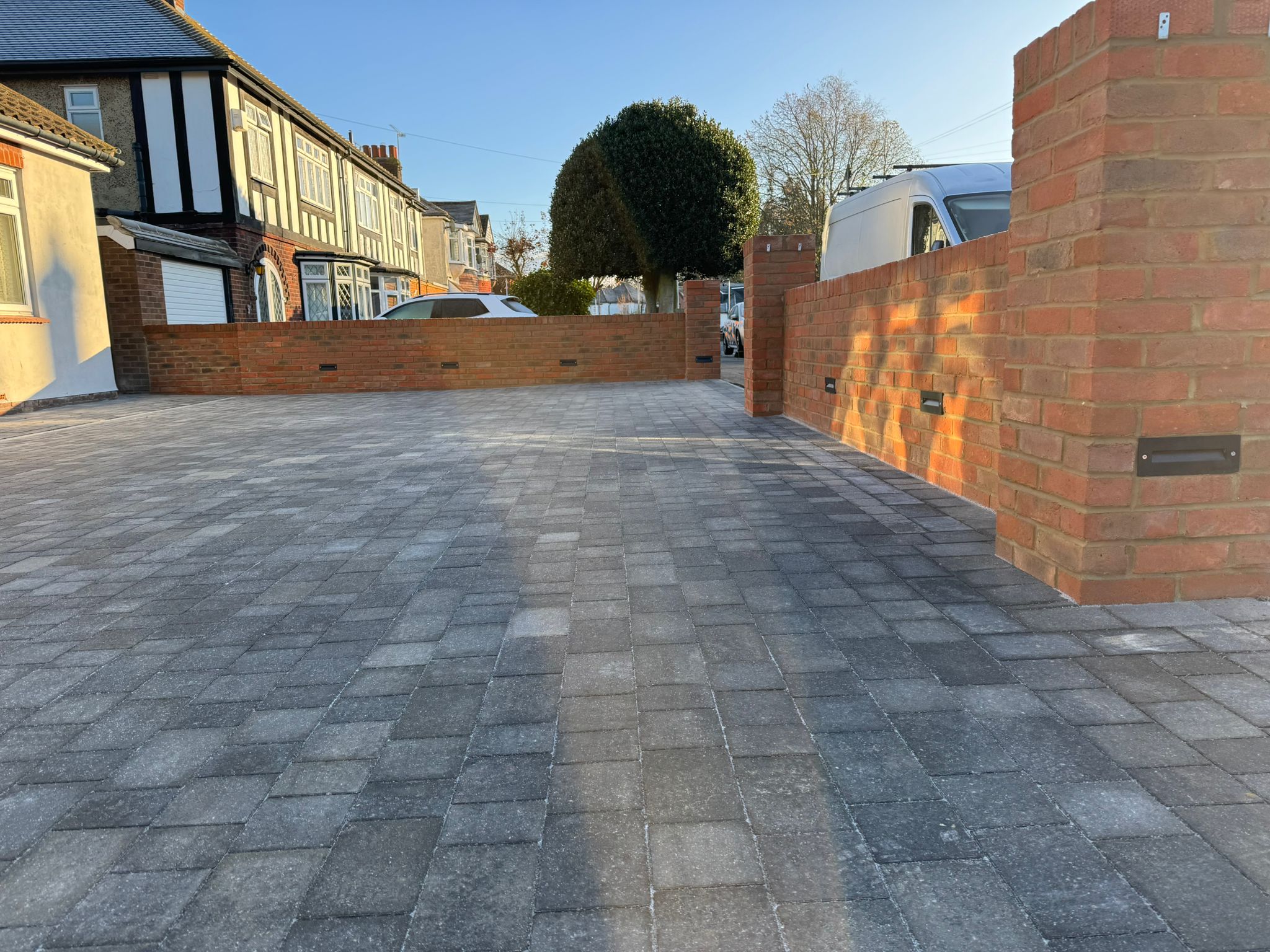 Block Paving Driveway Rochester - Grey Driveway with Retaining Wall & Integrated Lighting